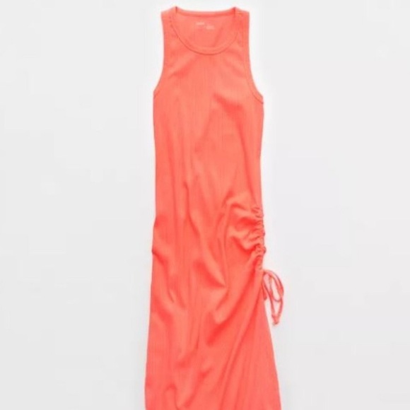 Aerie Neon Coral Pink Ruched Rib Midi Dress Adjustable Slit Scrunch - Picture 8 of 12